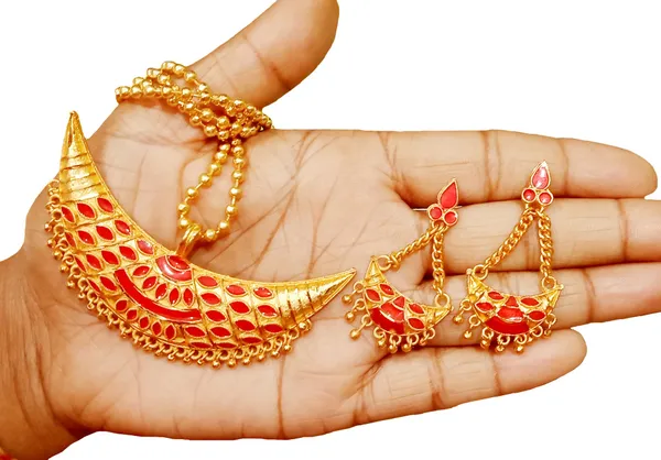 Assamese_Traditional_Gold_Plated_Red_Colour_Joonbiri_Chain_Jewellery_Set_For_Women